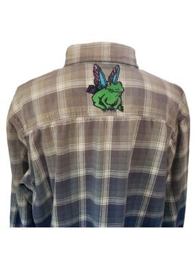 Upcycled Distressed Flannel with "Butterfrog" Embroidered Patch XL